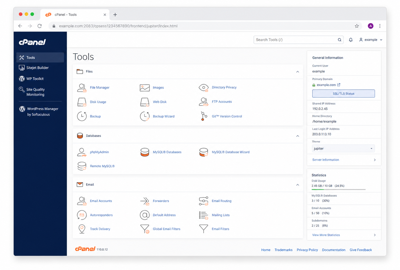 cPanel control panel dashboard